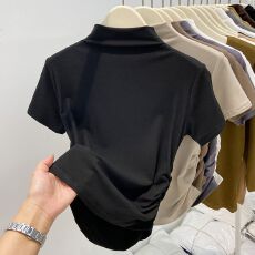 批发半高领正肩短袖t恤女设计感收腰褶皱短款上衣白色打底衫<b class='q'>夏季</b>内搭