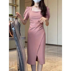 批发气质名媛方领连衣<b class='q'>裙</b>女夏装新款纯色泡泡袖中长<b class='q'>裙</b><b class='q'>收腰</b>开叉包臀<b class='q'>裙</b>子