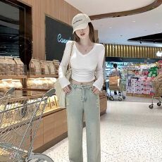 批发辣妹v领短款t恤女长袖紧身显瘦春秋薄款内搭外穿纯色<b class='q'>百搭</b>纯欲上衣