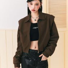 批发【正肩抽绳】高级感女生休闲气质宽松短外套女新款棕色夹克<b class='q'>棒球</b>服