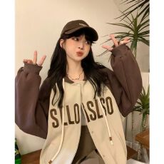 批发韩版美式复古清新字母连帽<b class='q'>卫衣</b>女2025秋季新款宽松休闲<b class='q'>开衫</b>外套潮