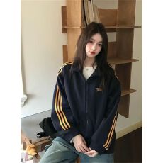 批发2025早秋新款宽松美式复古条纹卫衣外套女撞色立领拉链长袖棒球服