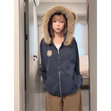 批发【华棉复合银狐绒】<b class='q'>小熊</b>耳朵毛领冬季加厚连帽学院风<b class='q'>卫衣</b>宽松休闲