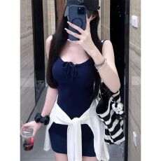 批发美式复古风藏蓝色吊带连衣裙<b class='q'>开衫</b>套装女夏季新款小个子短裙两件套