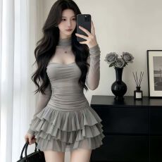 批发夜总店连衣裙轻奢网纱拼接长袖高级感蛋糕裙显瘦小个子<b class='q'>性感</b>裙子