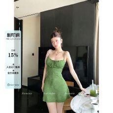 批发纯欲风橘色吊带连体裙式泳衣女2026夏季新款小个子A字短裙肌理感