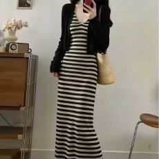 批发求职季夏款女装条纹吊带连衣裙两件套<b class='q'>开衫</b>外搭遮肉显瘦<b class='q'>长款</b>包臀裙