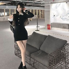 批发黑色假两件针织连衣<b class='q'>裙子</b>女收腰气质高级感修身包臀衬衫短裙早秋季
