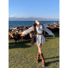 批发时尚新款柔软舒适波西米亚白色长袖衬衫连衣裙子女<b class='q'>夏季</b>海边度假风