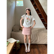 批发白色圆领立体<b class='q'>花朵</b>正肩短袖T恤女夏独特漂亮巨好看修身设计感上衣