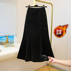 批发黑色丝绒鱼尾裙加绒加厚半身裙2025冬大码胖mm显瘦开叉a字包臀裙