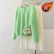 批发大码胖MM2025冬牛油果绿浣熊绒套头毛衣+蕾丝镂空勾花加绒半身裙