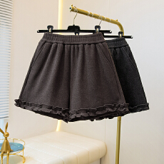 批发大码胖MM2025冬新款木耳花边毛呢加绒短裤女百搭显瘦休闲a字靴裤