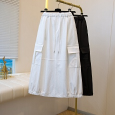 批发时髦休闲花苞式工装半裙女2026春季大码胖MM后开叉口袋抽绳中长裙