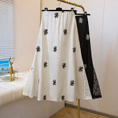 批发大码胖MM<b class='q'>亚麻</b>刺绣蕾丝拼接半身裙2026夏新款a字中长款设计感裙子