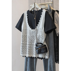 批发胖MM 镂空<b class='q'>蕾丝</b>钩花V领针织马甲女高级感叠穿背心短袖<b class='q'>t</b><b class='q'>恤</b>显瘦上衣