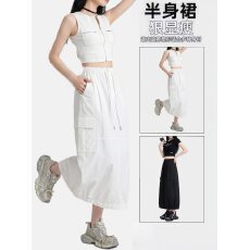 批发大码胖MM时髦休闲花苞式A字工装半裙女2026后开叉口袋抽绳中长裙