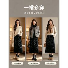 批发大码胖MM重工高级感丝绒提花新中式半身裙女2026秋休闲显瘦直筒裙