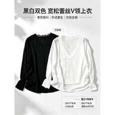 批发2026秋大码胖MM极简风莱赛尔V领蕾丝拼接假两件高级感宽松显瘦T恤