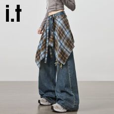 批发美式复古街舞格纹方巾廓形牛仔裤女2025秋冬季新款别致宽松阔腿裤