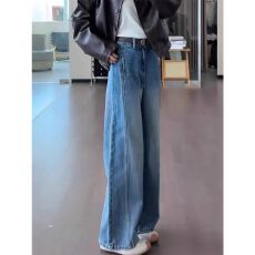 批发复古蓝色牛仔裤女秋季胖mm梨形身材宽松高腰显瘦直筒阔腿裤子