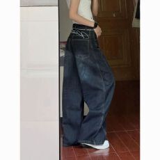 大阔腿牛仔裤女夏季新款复古水洗后腰字母刺绣设计慵懒松弛拖地裤