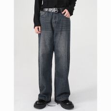 秋冬季新款水洗复古蓝牛仔裤男女直筒宽松美式复古阔腿拖地长裤