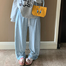 批发冬季海岛绒单条格子睡裤女款保暖宽松百搭慵懒双口袋长裤可外穿