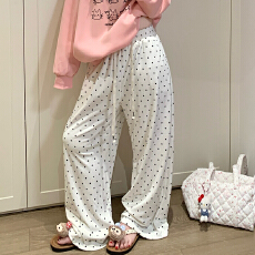 批发冬季海岛绒单条波点睡裤女款保暖宽松百搭慵懒双口袋长裤可外穿