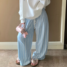 批发冬季海岛绒单条条纹睡裤女款保暖宽松百搭慵懒双口袋长裤可外穿