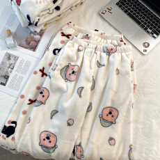 批发冬季300克加厚法兰绒单条睡裤女款卡通印花可爱保暖长裤双口袋