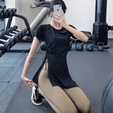 批发已出货 人棉#跑步速干衣女健身T恤透气<b class='q'>中长款</b>遮臀运动瑜伽服上衣