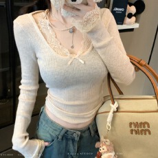 批发复古蕾丝拼接针织衫早秋新款<b class='q'>修身</b>显瘦纯欲风内搭打底长袖上衣女装