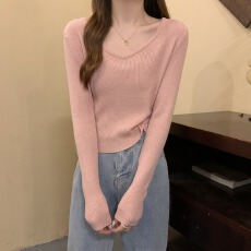 批发莫兰迪色系针织打底衫女秋冬风衣内搭V领短款毛衣配阔腿裤的上衣