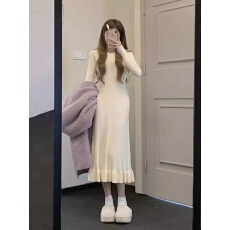 批发高级感长袖修身针织打底连衣裙女2023秋季新款针织鱼尾裙温柔长裙