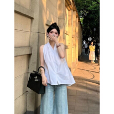 批发法式复古V领挂脖无袖娃娃衫女外穿高级感气质露肩
