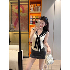 批发韩系假两件披肩绑带针织背心女夏纯欲风气质修身