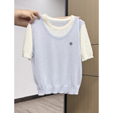 批发假两件浅蓝色圆领针织短袖T恤女<b class='q'>夏</b>季新款正肩拼接