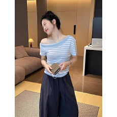 批发蓝色条纹斜肩短袖T恤女夏季单穿独特漂亮<b class='q'>一字领</b>