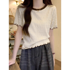 批发法式<b class='q'>雪纺衫</b><b class='q'>木耳</b>边短袖t恤<b class='q'>女</b>春夏新款撞色短款