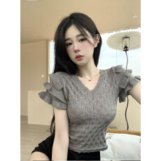 批发纯欲<b class='q'>荷叶边</b>短袖<b class='q'>毛衣</b>V领针织T恤新款镂空上衣