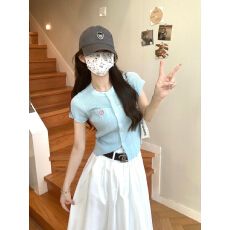 批发港风蓝色短袖小众<b class='q'>针织</b>开<b class='q'>衫</b>t恤上衣女新款多巴胺穿搭