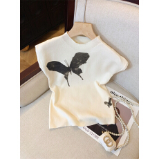 批发美式蝴蝶扎染正肩短袖<b class='q'>t</b><b class='q'>恤</b>女夏装薄款针织微透半高领