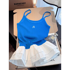 批发蓝色针织吊带背心女外穿泰式多巴胺海边芭蕾风甜辣蓬蓬屁帘