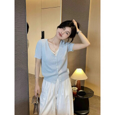 批发韩版减龄蓝色V领小众<b class='q'>假两件</b>冰丝<b class='q'>针织衫</b>绝美短款