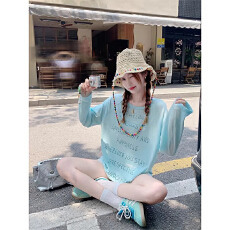 批发韩系蓝色薄款<b class='q'>长袖</b><b class='q'>t</b><b class='q'>恤</b><b class='q'>宽松</b>防晒