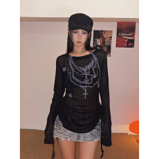 批发美式辣妹风印花一字肩<b class='q'>长袖</b><b class='q'>T</b>