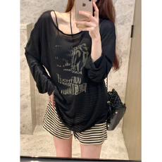 批发慵懒露肩<b class='q'>长袖</b><b class='q'>t</b><b class='q'>恤</b>女<b class='q'>宽松</b>显瘦防晒衫薄款上衣