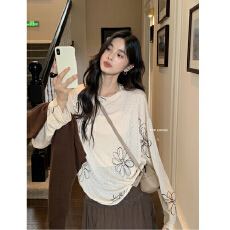 批发夏季慵懒风设计感花朵<b class='q'>宽松</b>防晒<b class='q'>长袖</b><b class='q'>T</b><b class='q'>恤</b>薄款印