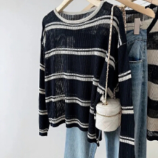 批发条纹镂空防晒针织衫外搭女夏季薄款<b class='q'>圆领</b>长袖